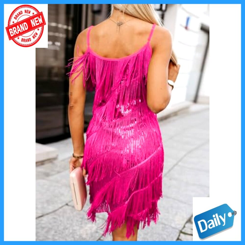 Sequin Tassel Fringe Party Dress Sleeveless Spaghetti Straps Flapper Cocktail - Picture 6 of 6